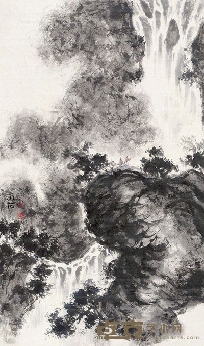 傅小石 山中观瀑图 83×49cm