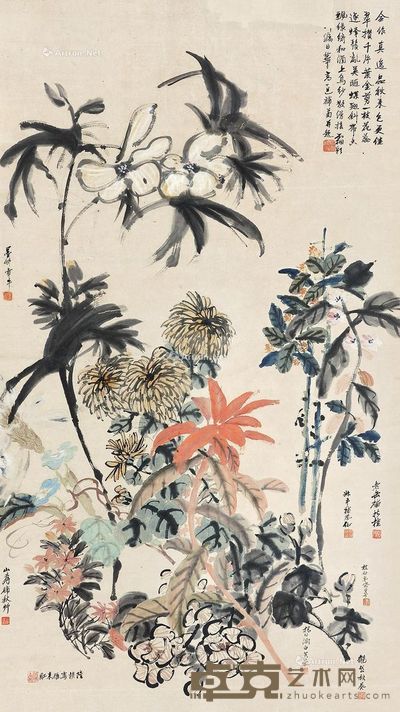 吴昌硕 黄山寿 吴观岱 倪墨耕 花卉 140×78cm