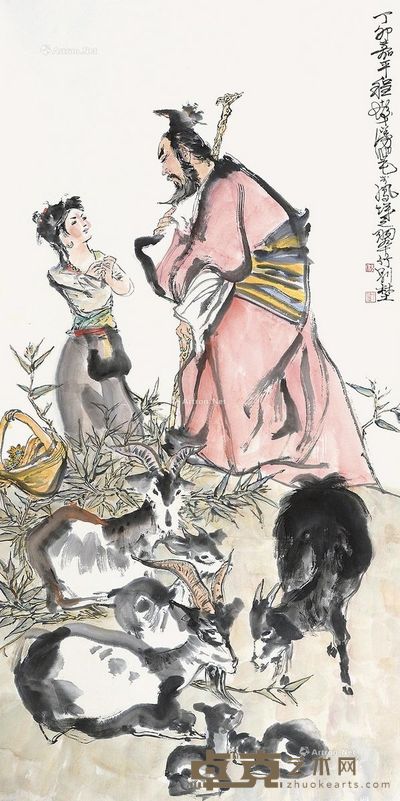 程十发 人物与鹿 137×68cm