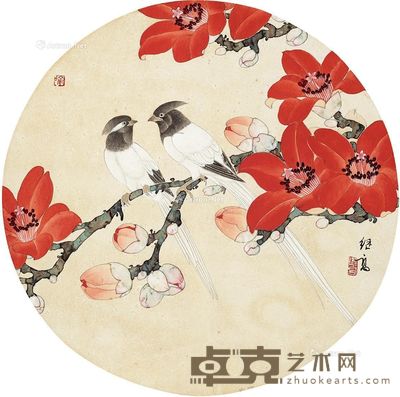 喻继高 花鸟 直径41cm