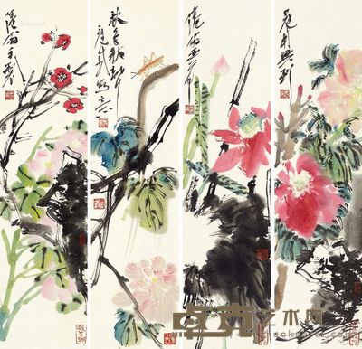 吴冠南 花卉 69×17cm×4