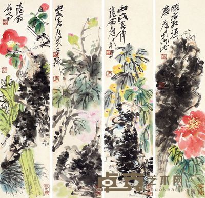 吴冠南 花卉 68×17cm×4