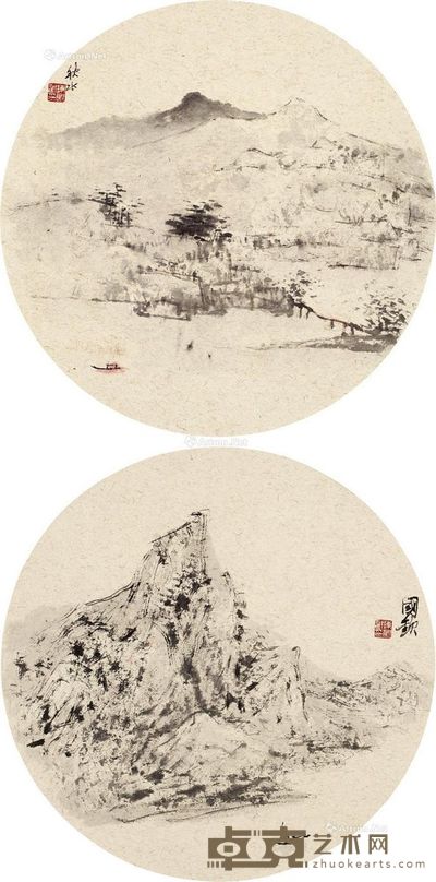 陈国欢 山水 （二件） 直径40cm×2