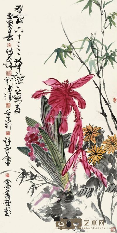 许麟庐 花卉 136×67cm