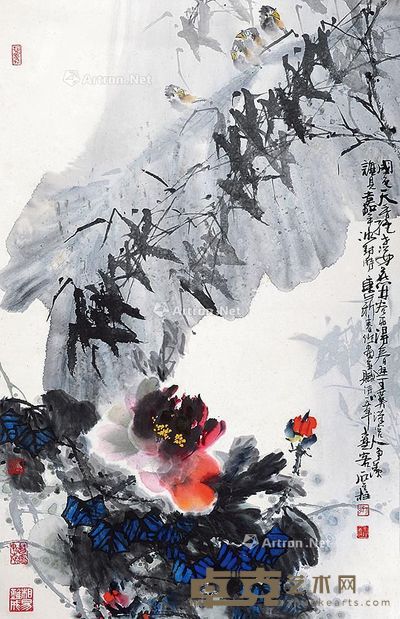 石金柱 牡丹竹雀 103×67cm