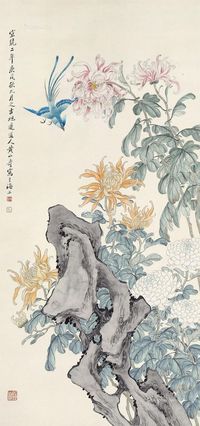 黄山寿 菊石绶带图