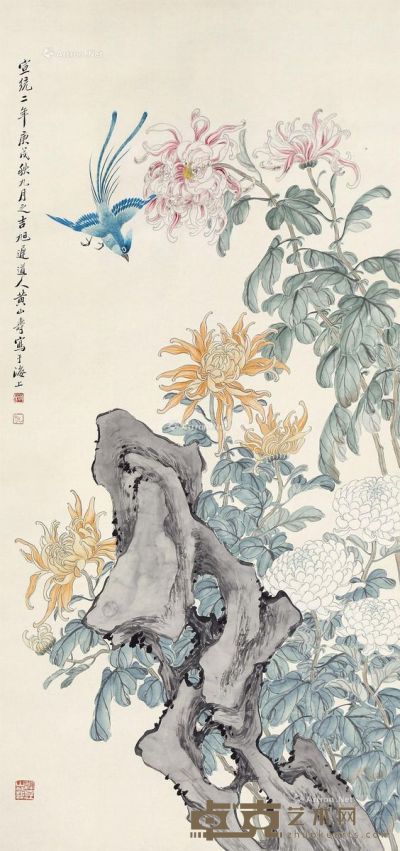 黄山寿 菊石绶带图 121×57cm