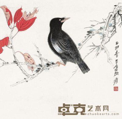 张大千 红叶鸣禽图 29.5×29.5cm