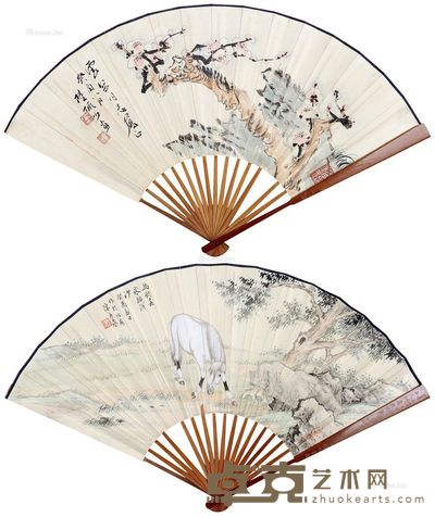 陆俨少 陈英家 梅花·饮马图 18×52cm