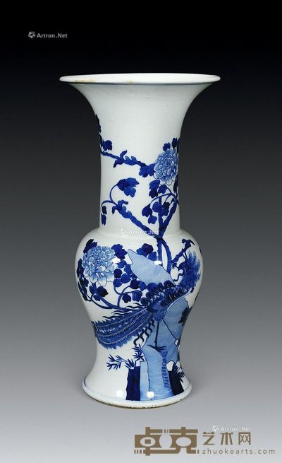 清 青花锦鸡牡丹纹花觚 高47cm