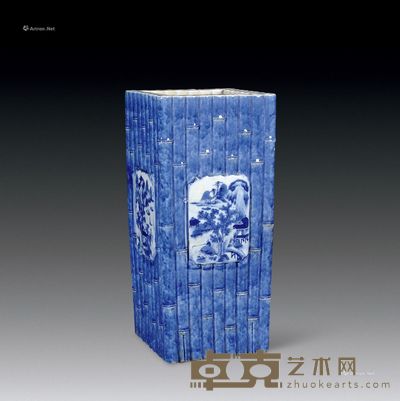 清中期 青花竹节开光“渔樵耕读”方花插 高30cm