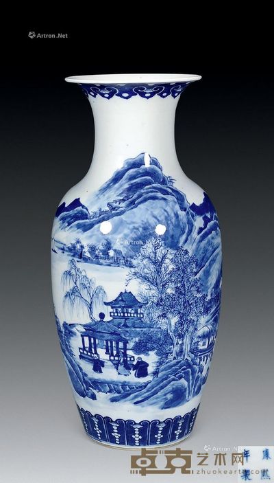 清 青花山水人物瓶 高46cm
