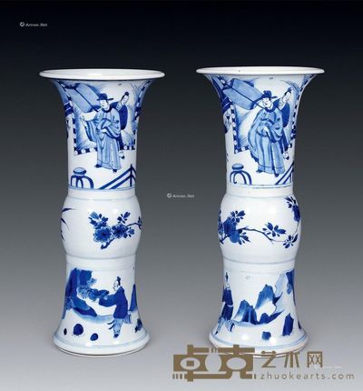 清康熙 青花人物花觚 (一对) 高33.5cm×2
