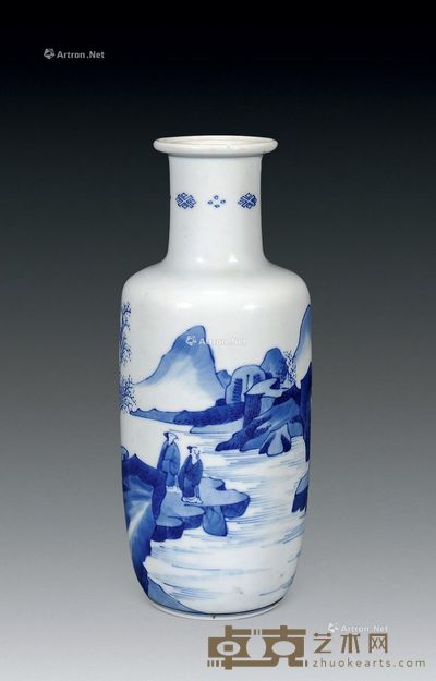 清康熙 青花山水人物棒槌小瓶 高26cm