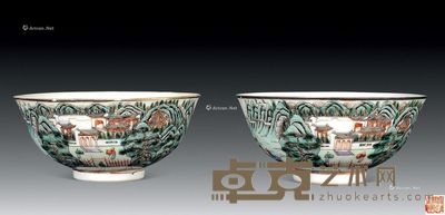 民国 粉彩山水人物碗 (一对) 直径14cm×2