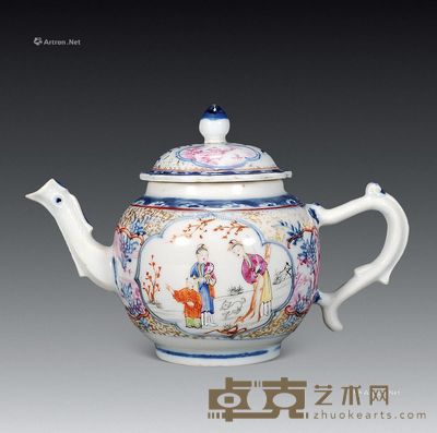 清乾隆 青花开光加彩人物壶 高14cm