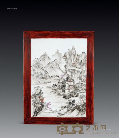 清乾隆 墨彩加红山水人物瓷片 32.5×24.5cm