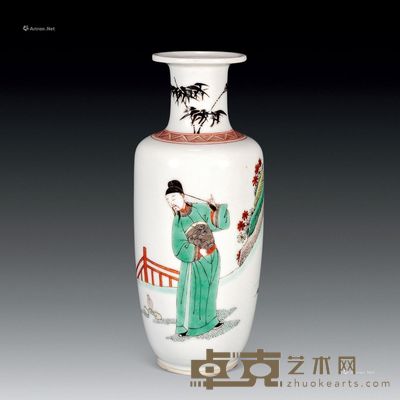 清康熙 五彩人物小棒槌瓶 高20cm