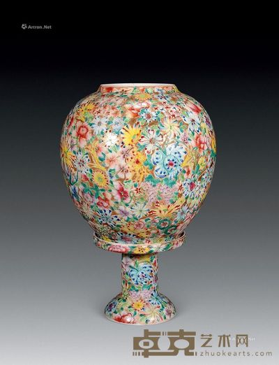 民国 彩百花不露地纹灯罩 高28cm