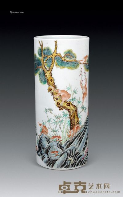 清光绪 粉彩猴戏图帽筒 高29cm