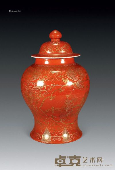 清光绪 珊瑚红描金将军罐 高27cm