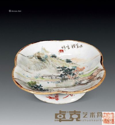 清末 浅绛彩山水盘 长17cm