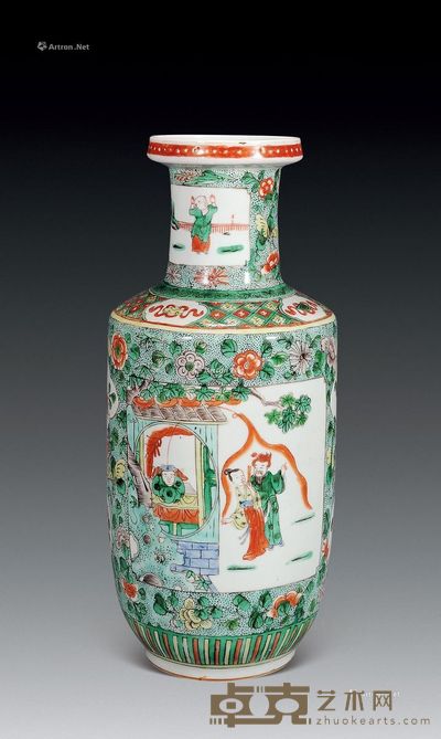 清 五彩开光人物棒槌瓶 高45cm