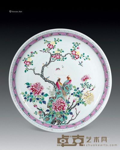 清光绪 粉彩锦鸡牡丹大盘 直径47cm