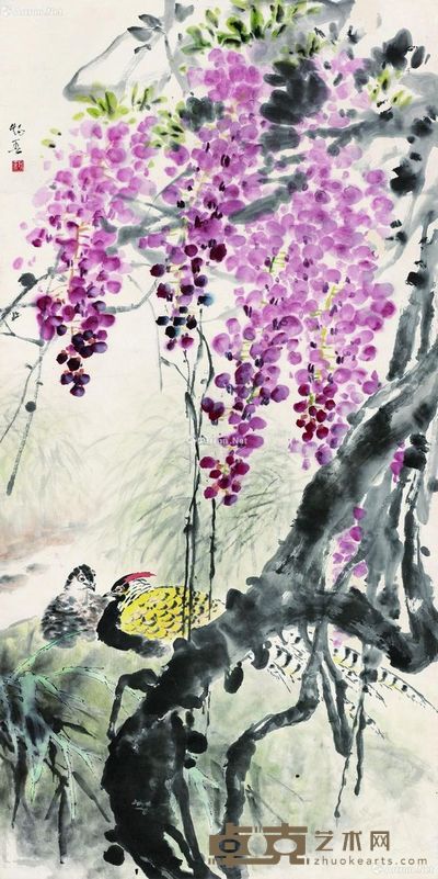 叶矩吾 紫藤锦鸡图 136×68cm