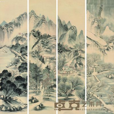 杨鸿宾 山水四条屏 137×33cm×4