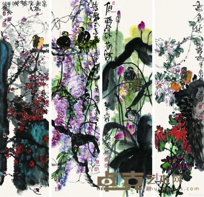 叶烂 花鸟四屏 136×34cm×4
