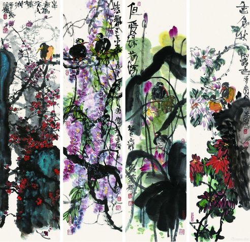 叶烂 花鸟四屏