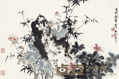 张大千 牡丹竹石图 118.5×70cm
