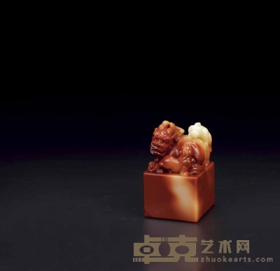 寿山巧色芙蓉母子兽钮方章 4.8×2.8×7.8 cm