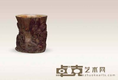 清 沉香木雕松石山居图笔筒 口径11 cm  高12 cm