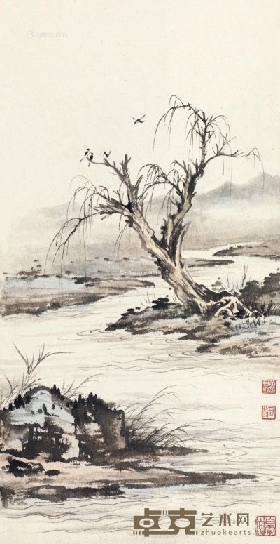 黄君璧 沿江孤树图 56×28cm