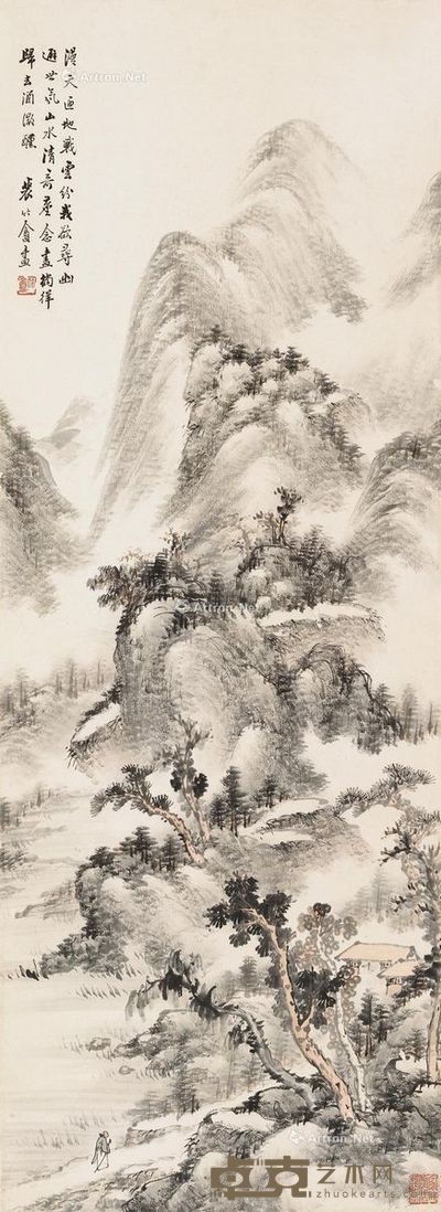 裴竹庵 山水人物 92×33cm
