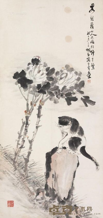 简晋常 牡丹猫石图 135×64cm