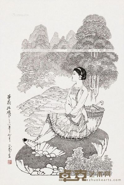 邓二龙 钢笔画?仕女?苗家姑娘 纸本 66×44cm