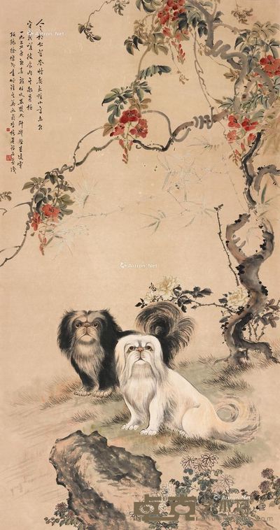 龙伯文 帅楚坚 徐杰民 钟其华 双犬图 立轴 设色纸本 178×94cm