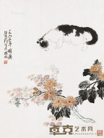 张家瑶 猫菊图 连框 设色纸本 68.5×48.5cm