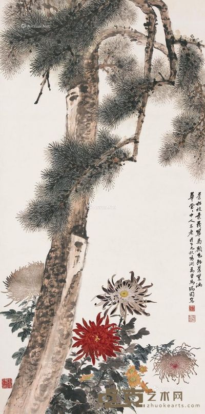 马万里 苍松翠菊 立轴 设色纸本 143×71cm