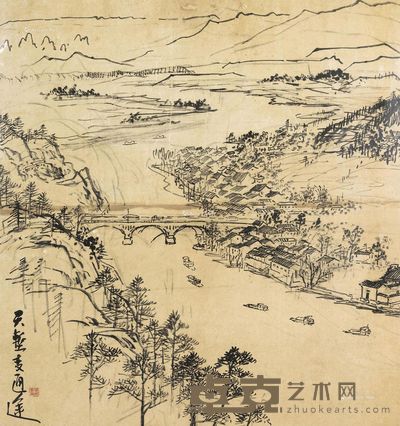 黄独峰 天堑变通途 连框 水墨纸本 98×92cm