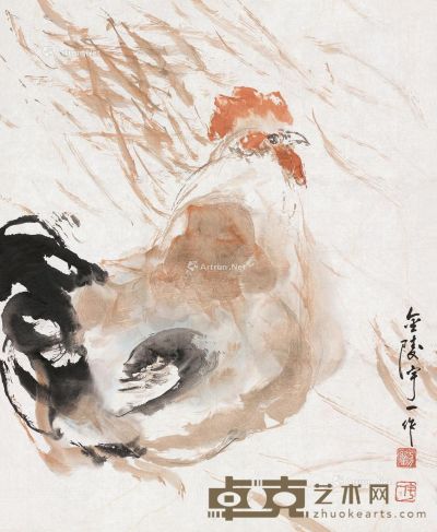 刘宇一 雄鸡图 镜片 设色纸本 57×46cm