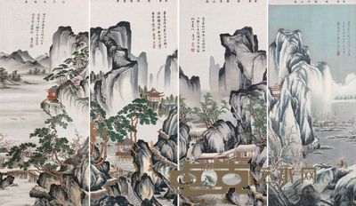 杭州都锦生 丝绸织锦?唐寅山水四屏 96×40.5cm×4