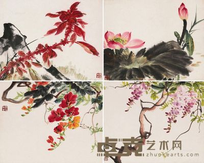 马万里 花卉小品 四屏连框 设色纸本 27×34cm×4