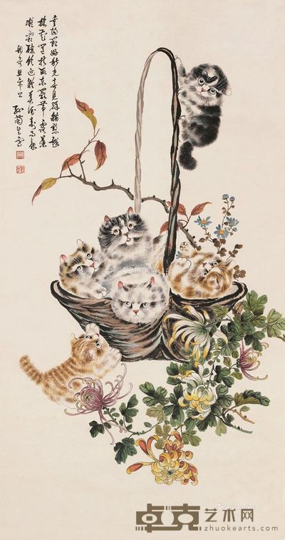 孙菊生 猫戏图 立轴 设色纸本 109×58cm