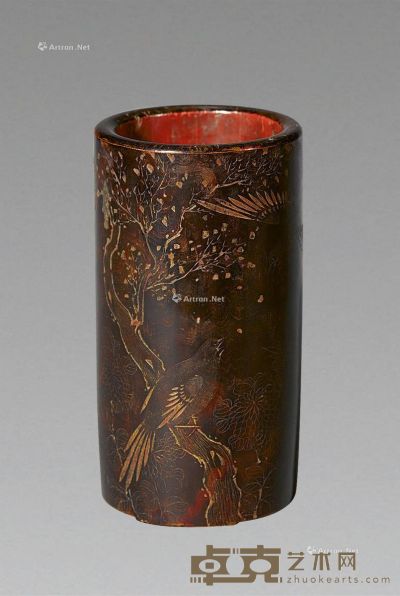 清 竹胎雕漆花鸟纹笔筒 6.5×12.5cm