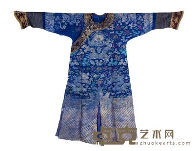 清 蓝色织锦龙袍 高137cm；长177cm