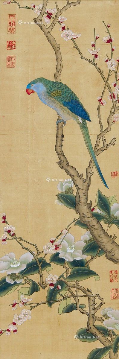 红梅茶花鹦鹉图 卷轴 绢本